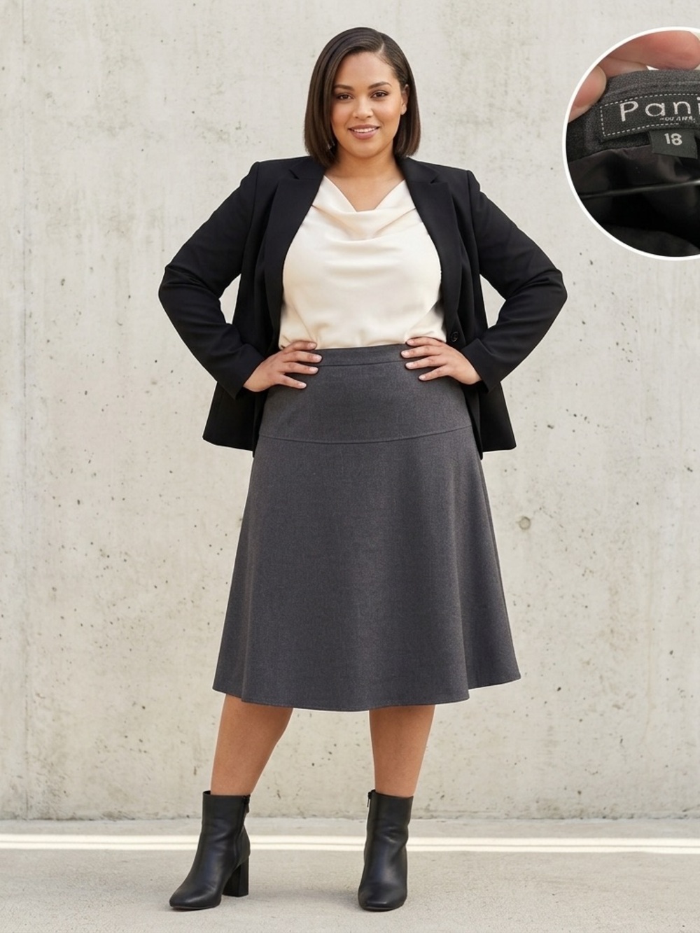 Paniz Gray Midi A-Line Skirt - Sleek Office Staple size 18 plus size